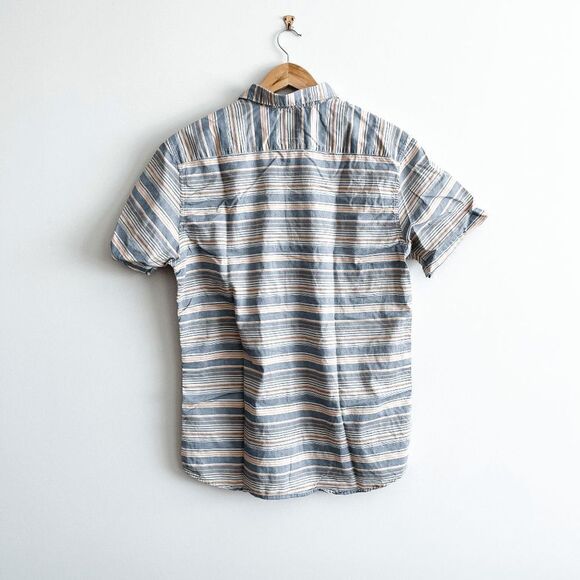 Quiksilver Mens Regular Button Down Shirt Short Sleeve Stripes Peach Blue Large - Picture 2 of 7